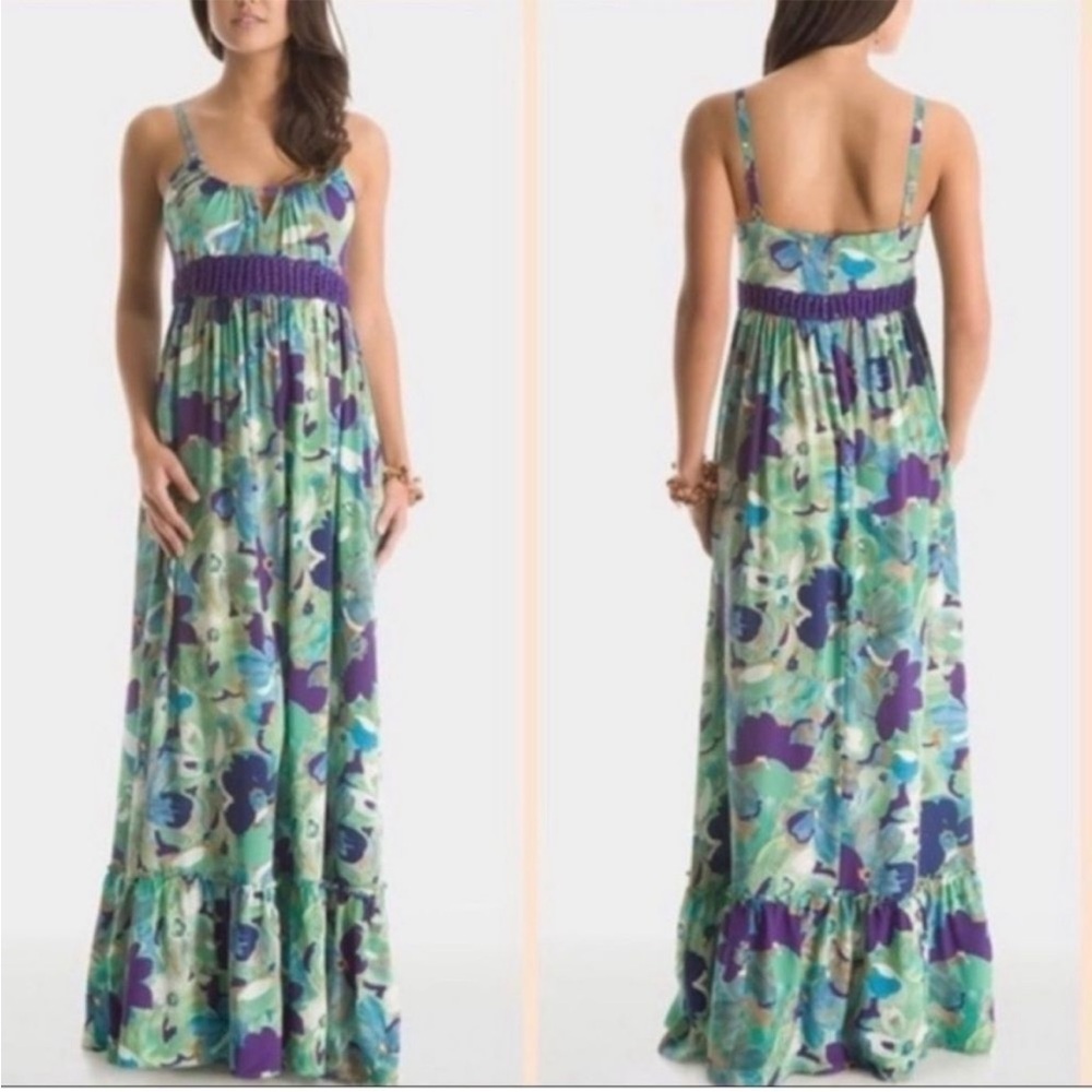 Guess by Marciano Silk Floral Print Maxi Dress w Crochet Detail Green Purple